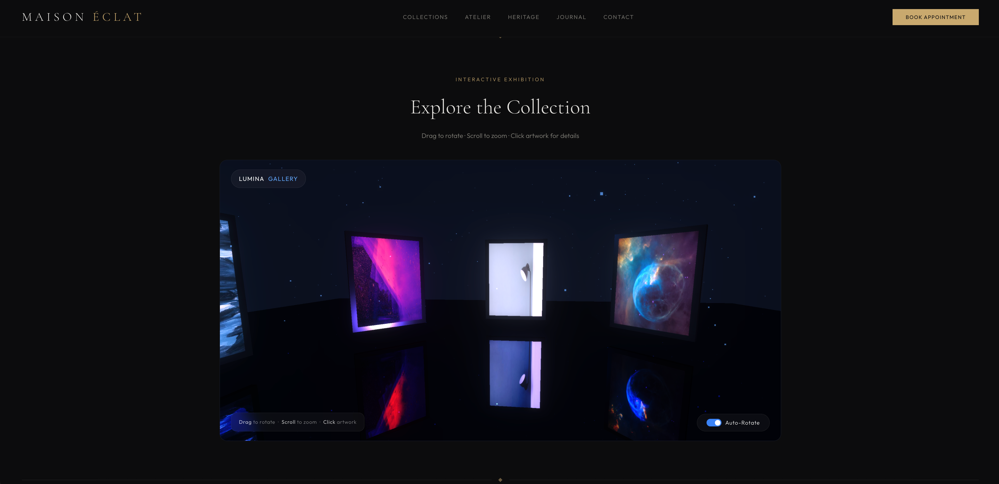 Immersive 3D gallery embedded within a second brand website — demonstrates flexible integration across different design systems and visual styles